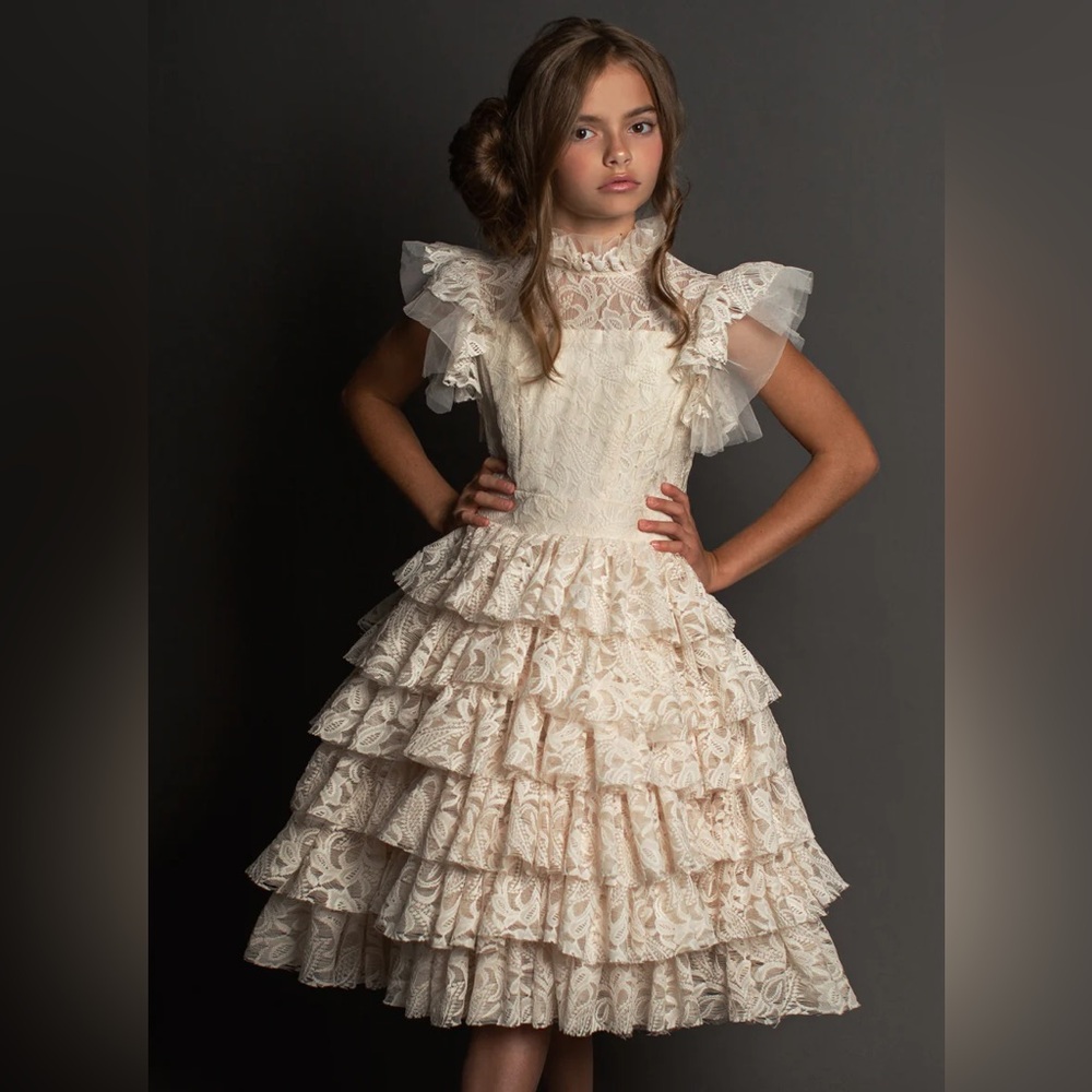 Joyfolie Cream Ruffle Lace Dress